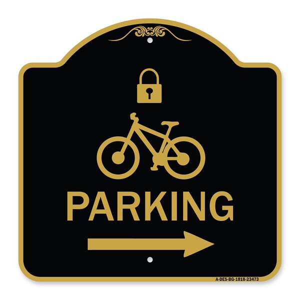 Parking W/ Lock Cycle & Right Arrow, Black & Gold Aluminum Sign, 18" x 18", BG-1818-23473